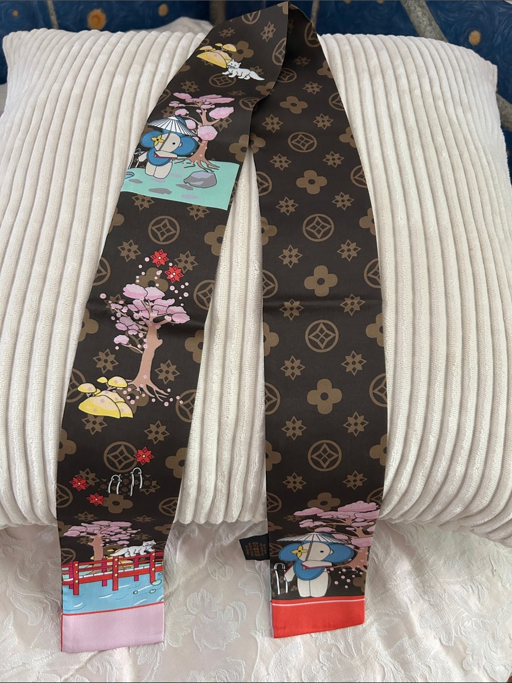 Silk Feeling Double Sided Scarf or Twilly in Brown Monogram & Colorful Accents.